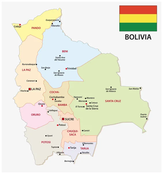 Bolivia διοικητικός χάρτης με σημαία και κύριες πόλεις — Διανυσματικό Αρχείο