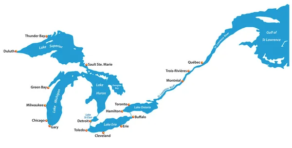 Mapa de los grandes lagos y el río St Lawrence con las principales ciudades — Vector de stock