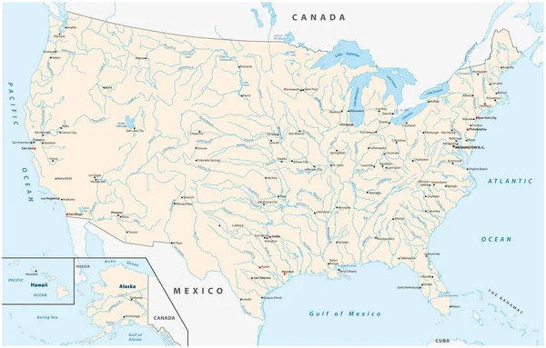 Peta Amerika Serikat dengan kota-kota besar, sungai dan danau - Stok Vektor
