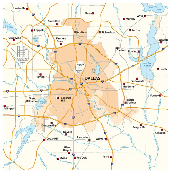 Visão geral e mapa de rua de texas cidade dallas — Vetor de Stock