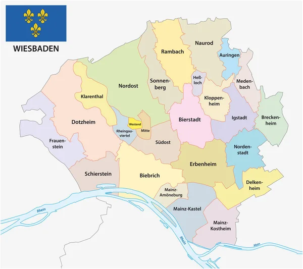 Mapa Administrativo Capital Del Estado Hesse Wiesbaden Con Bandera — Vector de stock