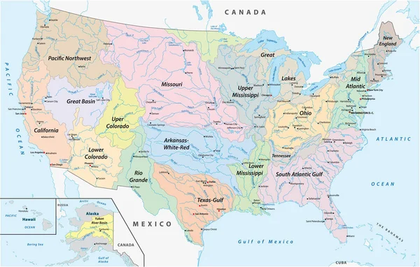 Mapa Das Bacias Hidrográficas Nos Estados Unidos América —  Vetores de Stock