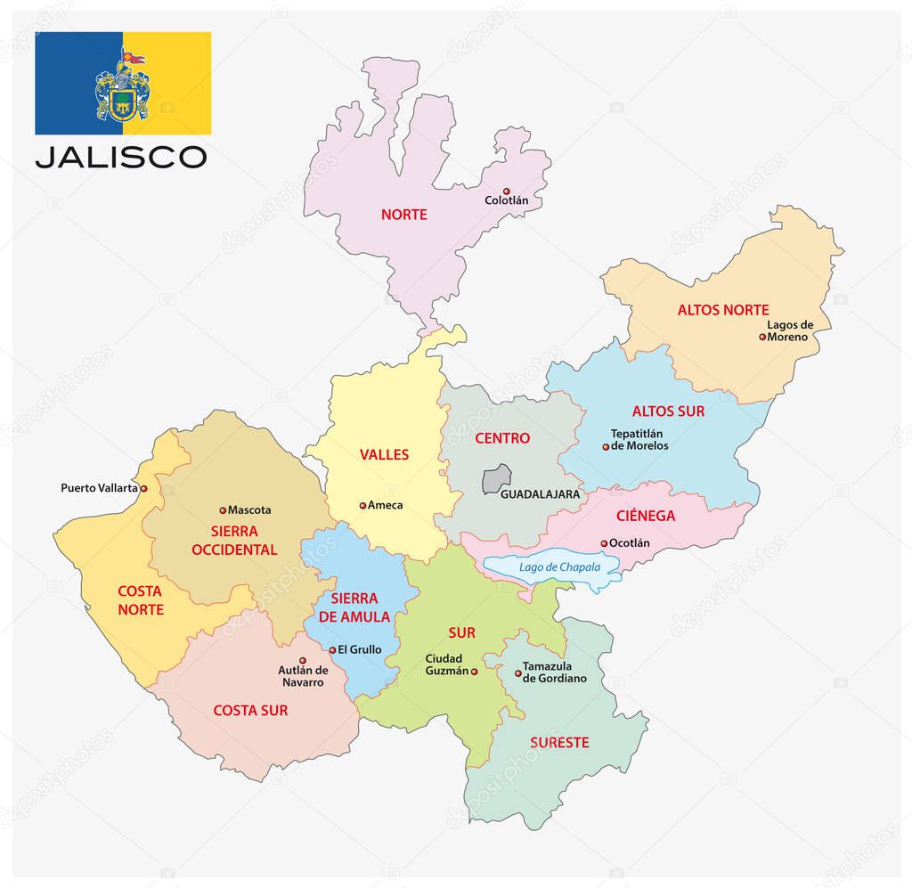 jalisco, administrative and political vector map with flag, mexico