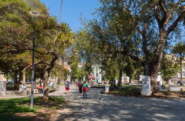 VALPARAISO, ŞİLİ-FEBRUARY 26, 2020: Victoria Meydanı, (Plaza de la Victoria), El Almendral ilçesi, Valparaiso, Şili