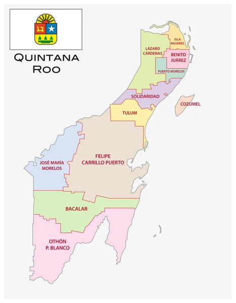 Quintana Roo Carte Vectorielle Administrative Politique Avec Drapeau Mexique — Image vectorielle