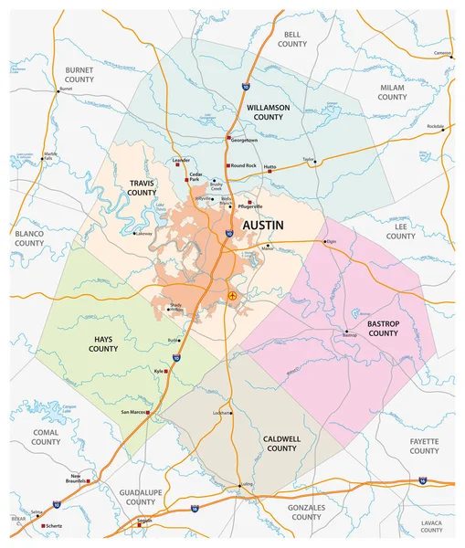 Straßen Und Verwaltungsvektorkarte Des Großraums Austin Texas Vereinigte Staaten — Stockvektor