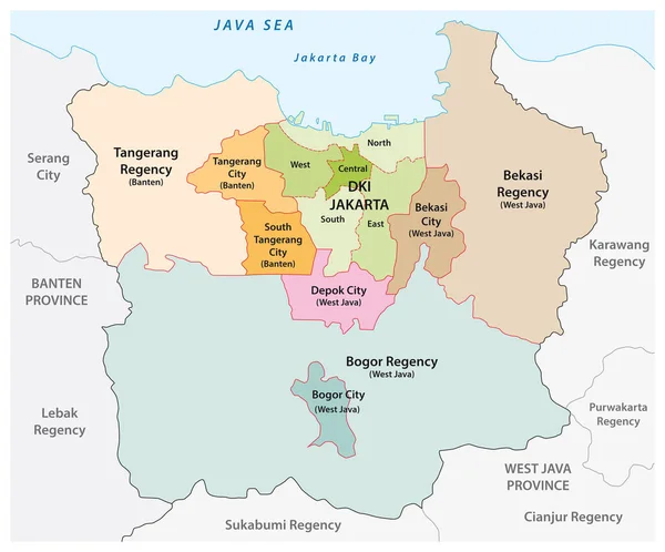 Mapa Vetorial Administrativo Área Metropolitana Jacarta Área Metropolitana Mais Populosa — Vetor de Stock