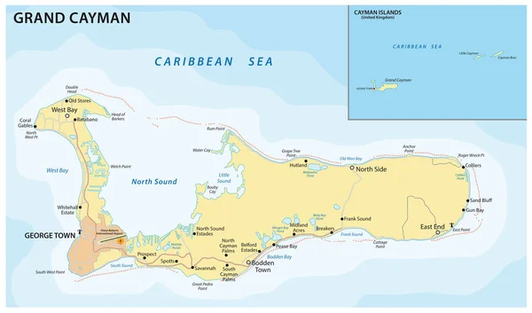 Vektorstraßenkarte Der Karibikinsel Grand Cayman — Stockvektor