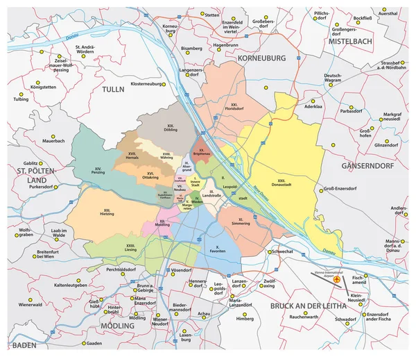 Strassen Und Verwaltungsvektorkarte Der Stadt Wien Und Ihrer Umliegenden Gemeinden — Stockvektor