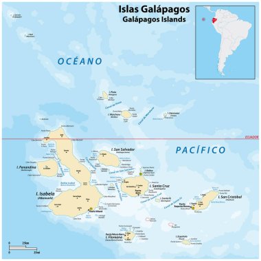 Galapagos Adaları, Ekvador 'un ayrıntılı vektör haritası