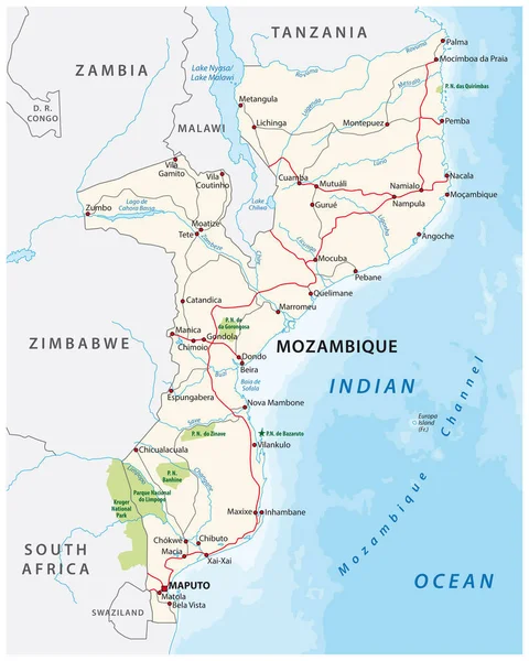 Mozambique Straße Und Nationalpark Vektorkarte — Stockvektor