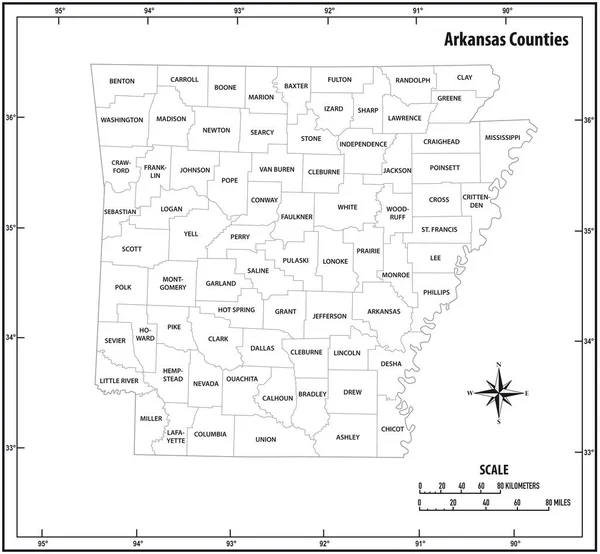 Πολιτεία Του Αρκάνσας Σκιαγραφεί Διοικητικό Και Πολιτικό Χάρτη Ασπρόμαυρο — Διανυσματικό Αρχείο