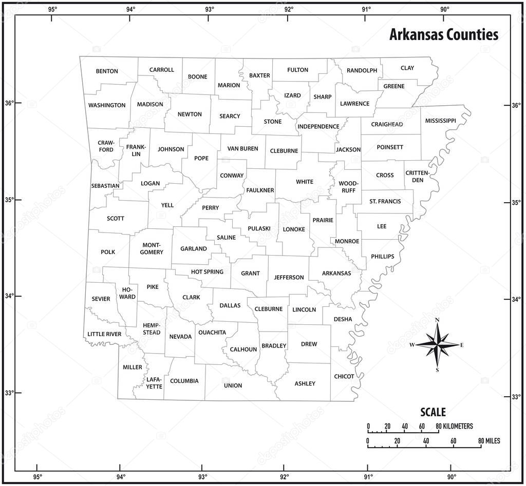 Arkansas state outline administrative and political map in black and white