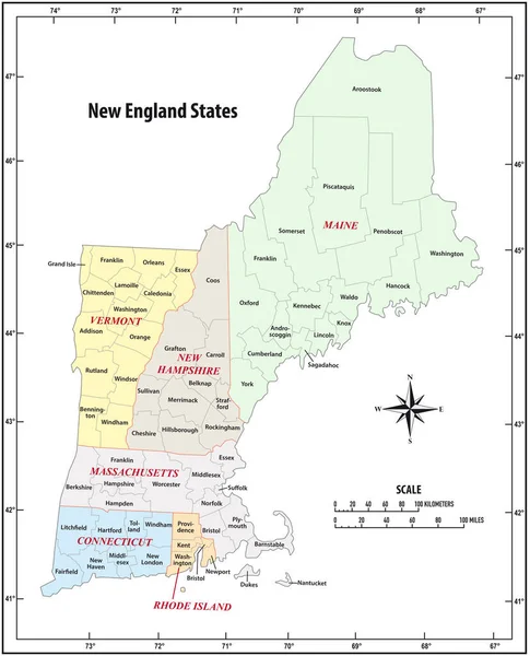 Mappa Vettoriale Amministrativa Dei Cinque Stati Del New England Stati — Vettoriale Stock