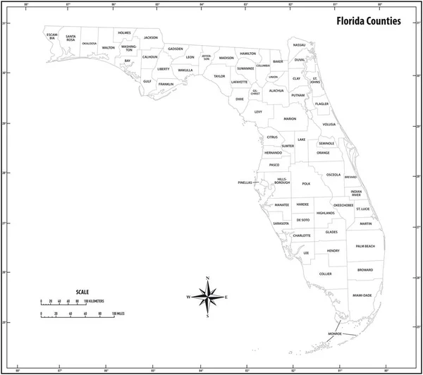 Estado Florida Esboza Mapa Administrativo Político Blanco Negro — Archivo Imágenes Vectoriales