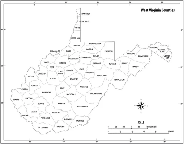 Ovest Virginia Stato Mappa Contorno Bianco Nero — Vettoriale Stock