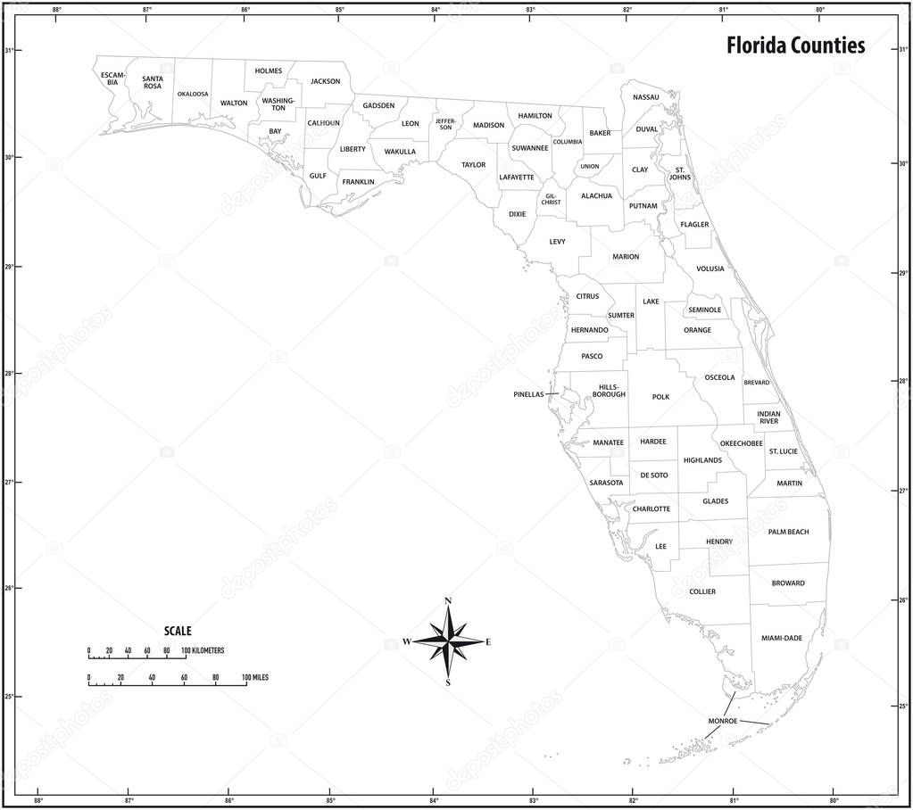 florida state outline administrative and political map in black and white