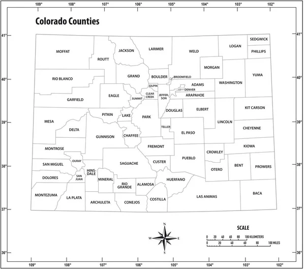 Colorado Eyaleti Siyah Beyaz Idari Siyasi Vektör Haritasını Özetledi — Stok Vektör