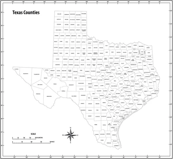 Texas Estado Esboço Administrativo Político Mapa Vetorial Preto Branco —  Vetores de Stock