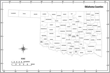 Oklahoma Eyaleti siyah ve beyaz olarak idari ve siyasi vektör haritasını çizdi
