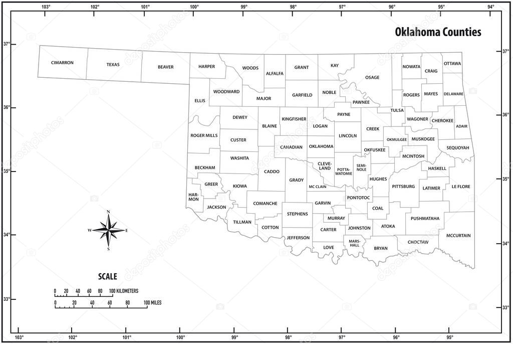 oklahoma state outline administrative and political vector map in black and white