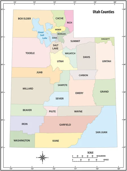 Utah Staat Overzicht Administratieve Politieke Vector Kaart Kleur — Stockvector