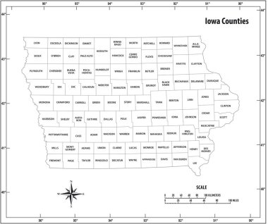 Iowa eyaleti siyah ve beyaz olarak idari ve siyasi vektör haritasını çizdi