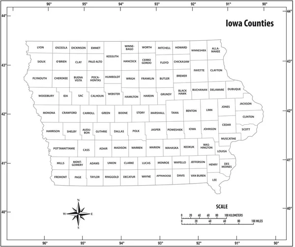Stan Iowa Zarys Administracyjnej Politycznej Mapy Wektora Czerni Bieli — Wektor stockowy