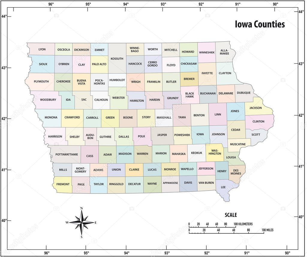 Iowa state outline administrative and political vector map in color