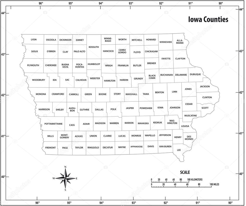 Iowa state outline administrative and political vector map in black and white