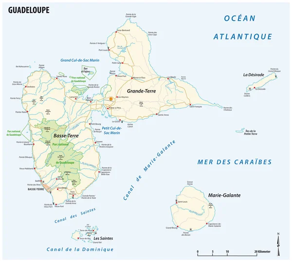 Vektor Straßenkarte Des Französischen Überseegebiets Guadeloupe — Stockvektor
