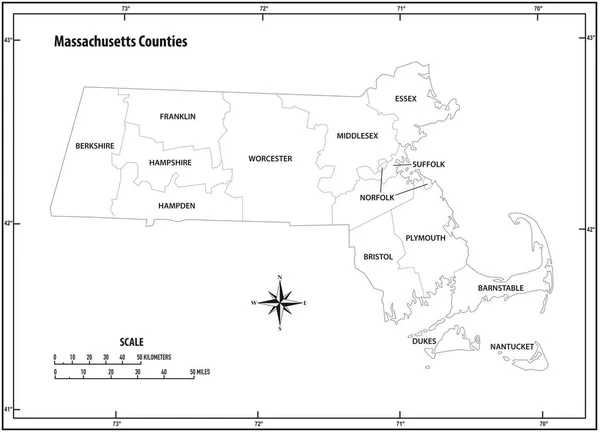 Massachusetts State Outline Administrative Political Vector Map Black White — Διανυσματικό Αρχείο