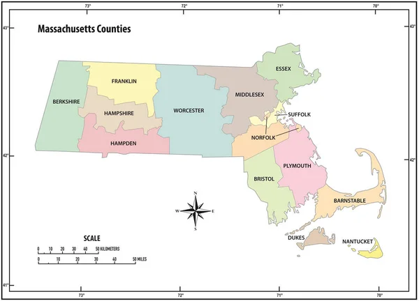 Massachusetts Stan Zarys Administracyjnej Politycznej Mapy Wektora Kolorze — Wektor stockowy