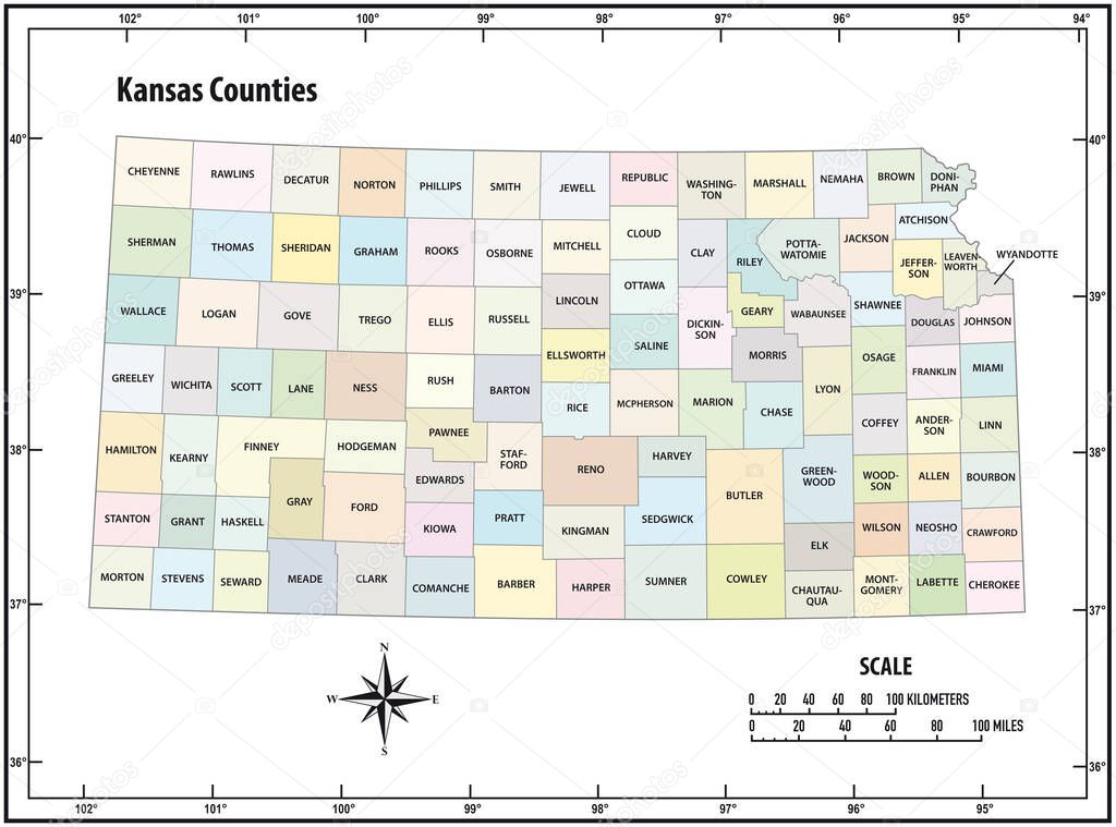 Kansas state outline administrative and political vector map in color