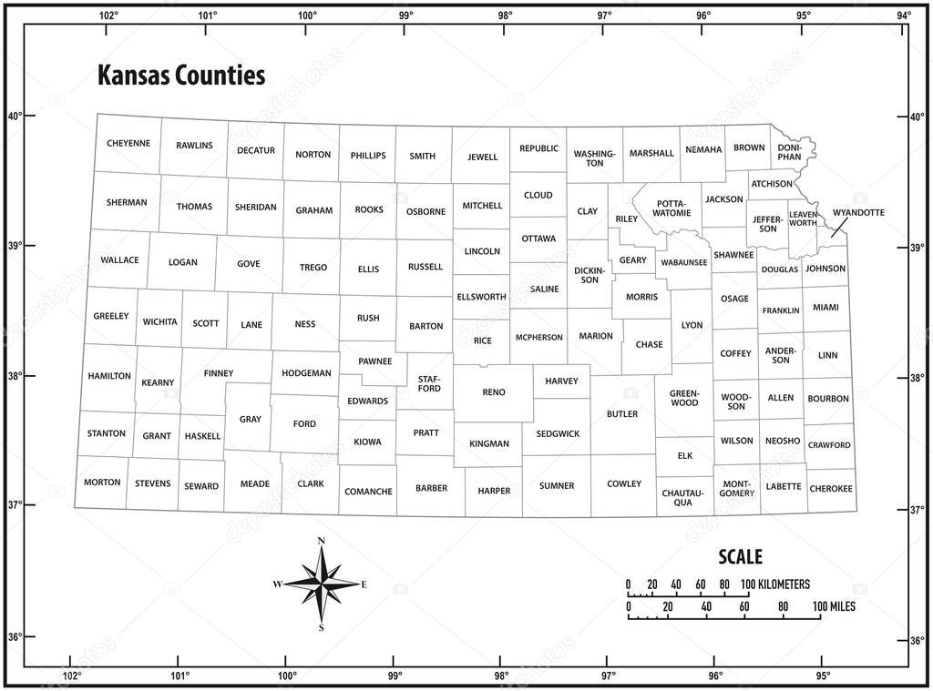 Kansas state outline administrative and political vector map in black and white