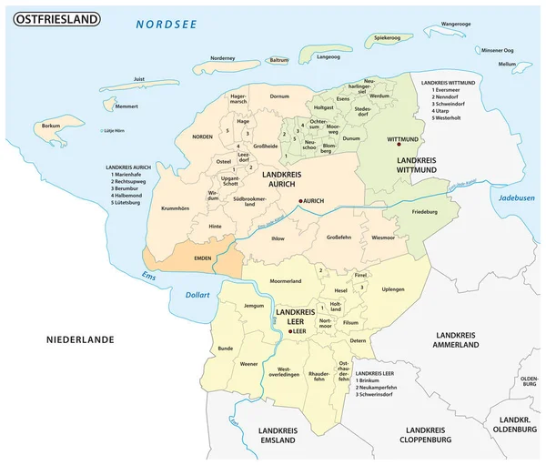 Mappa Amministrativa Politica Della Regione Bassa Sassonia Della Frisia Orientale — Vettoriale Stock