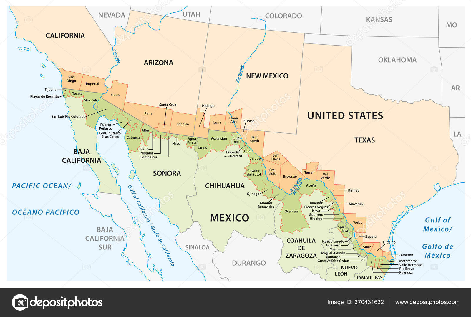 Mapa Vectorial Los Distritos Fronterizos Los Estados Unidos México ...