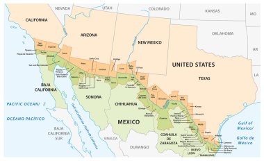 Vector map of the border districts in the United States and Mexico along the border clipart