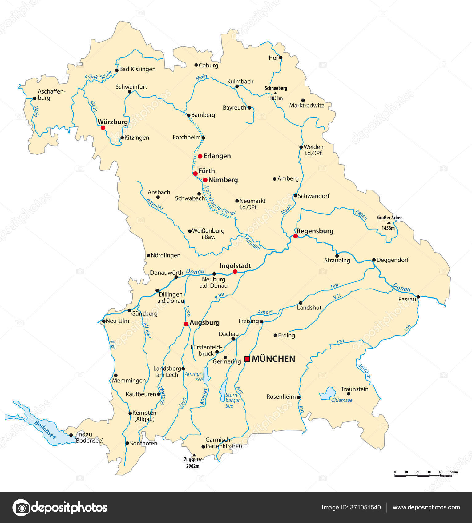 Vector Map State Bavaria Major Cities Germany Stock Vector Image by ...