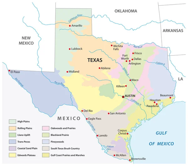 Vektorkarte Der Physischen Regionen Von Texas — Stockvektor
