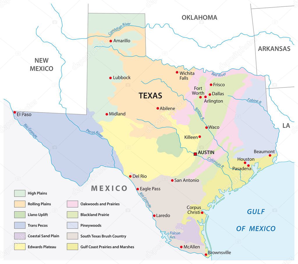 Vector map of the physical regions of Texas