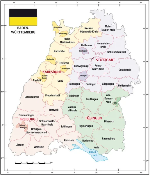 Baden Wuertemberg Κράτος Σκιαγραφεί Διοικητικό Και Πολιτικό Χάρτη Σημαία — Διανυσματικό Αρχείο