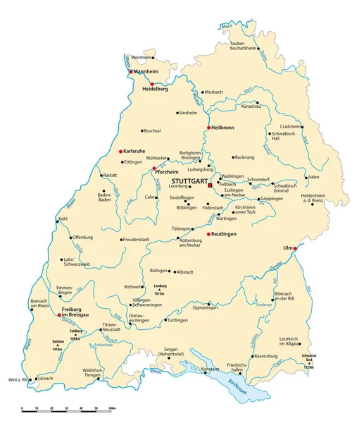 Carte Vectorielle État Baden Wuerttemberg Avec Les Grandes Villes Allemagne — Image vectorielle