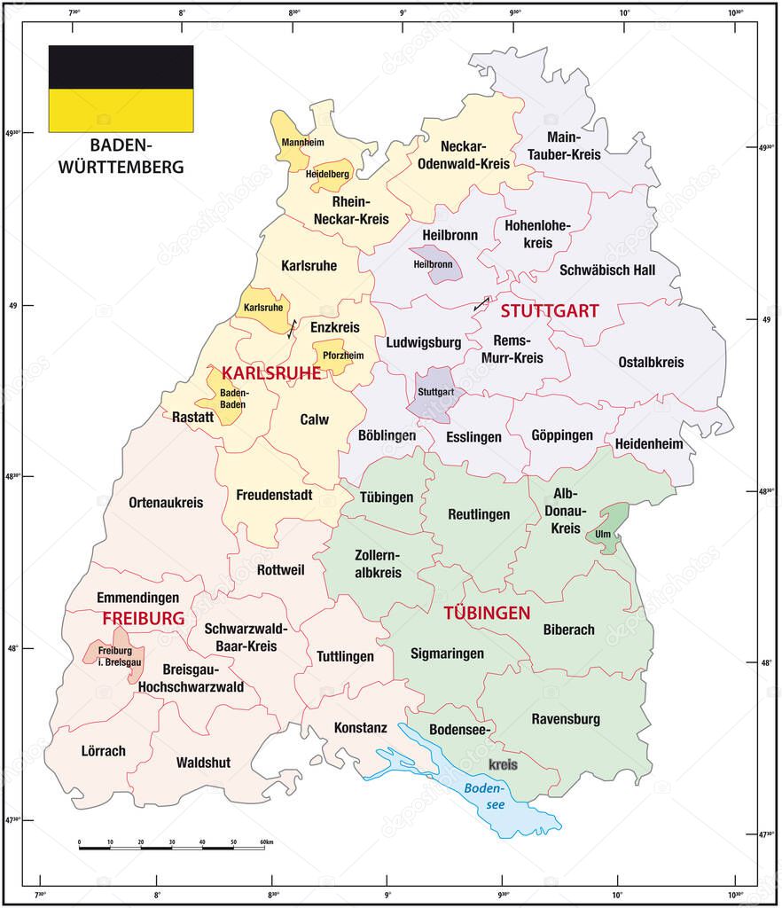 Baden Wuerttemberg state outline administrative and political map with flag