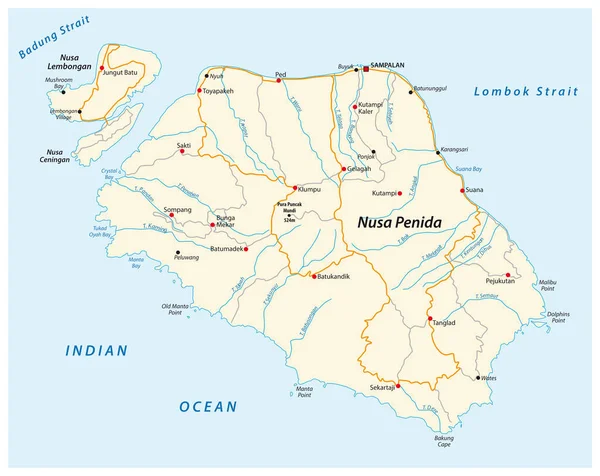 Mapa Vetorial Ilha Indonésia Nusa Penida Localizada Leste Bali — Vetor de Stock