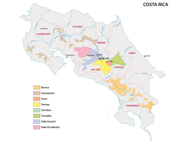 Mapa Las Regiones Cafetaleras Costa Rica — Archivo Imágenes Vectoriales