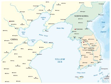 Çin, Kuzey Kore ve Güney Kore arasındaki sarı denizin vektör haritası.