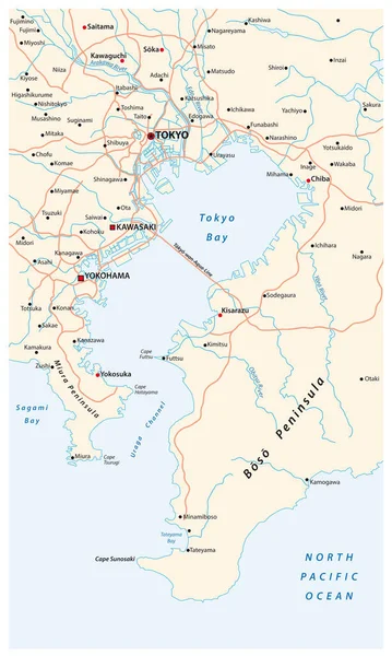 Peta Vektor Jalan Dari Teluk Wilayah Metropolitan Tokyo Pantai Pasifik - Stok Vektor