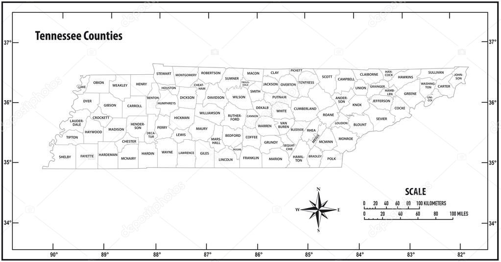 Tennessee state outline administrative and political vector map in black and white