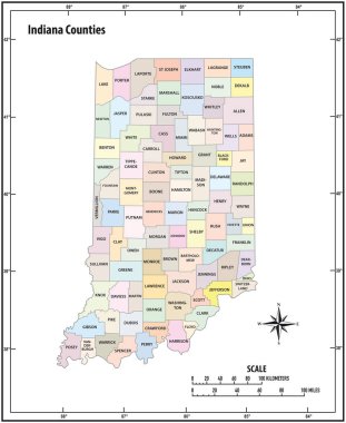 Indiana eyalet ana hatları idari ve siyasi vektör haritası renkli
